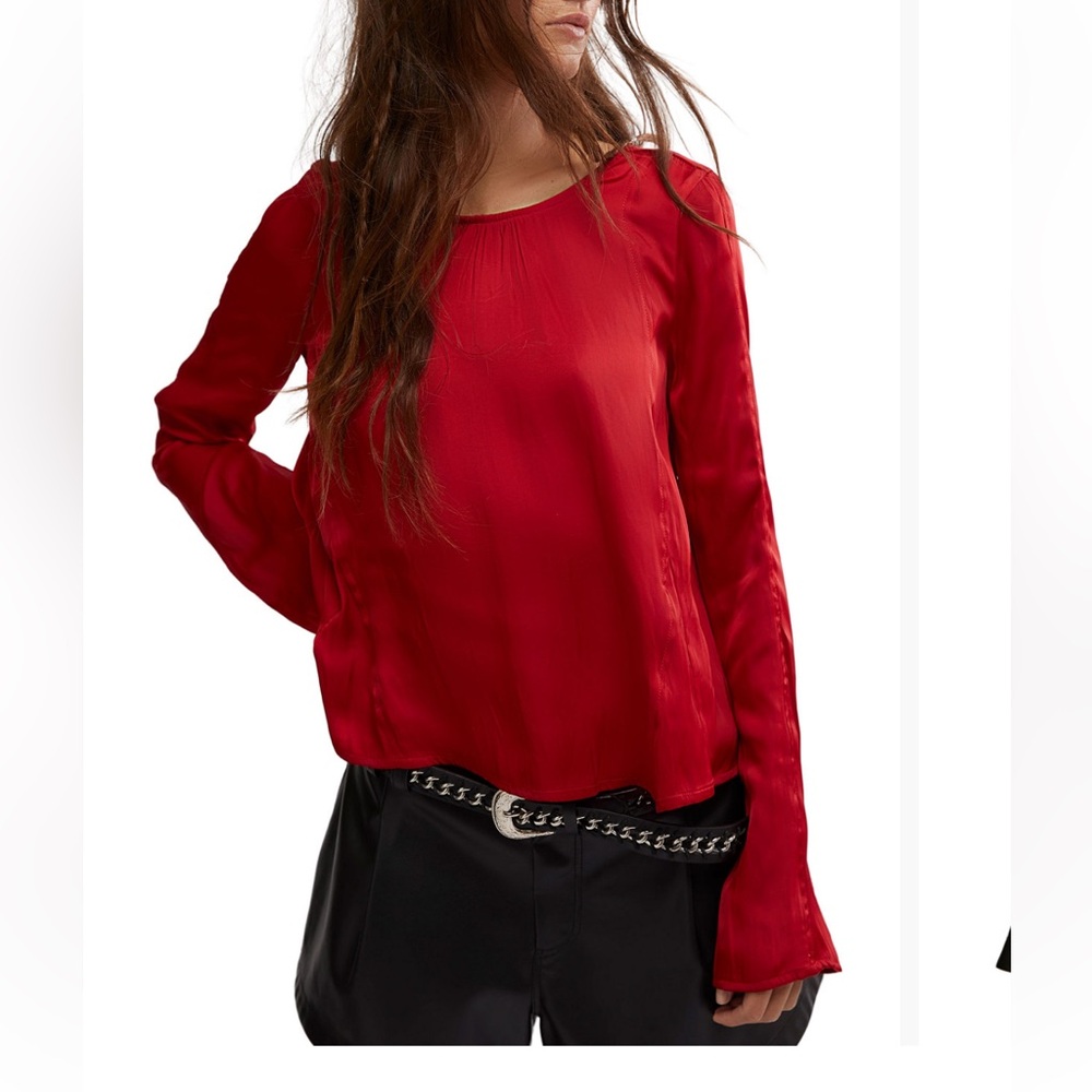 Free People Arabella Blouse Red Black Tie Back Bow NWT - Picture 2 of 5